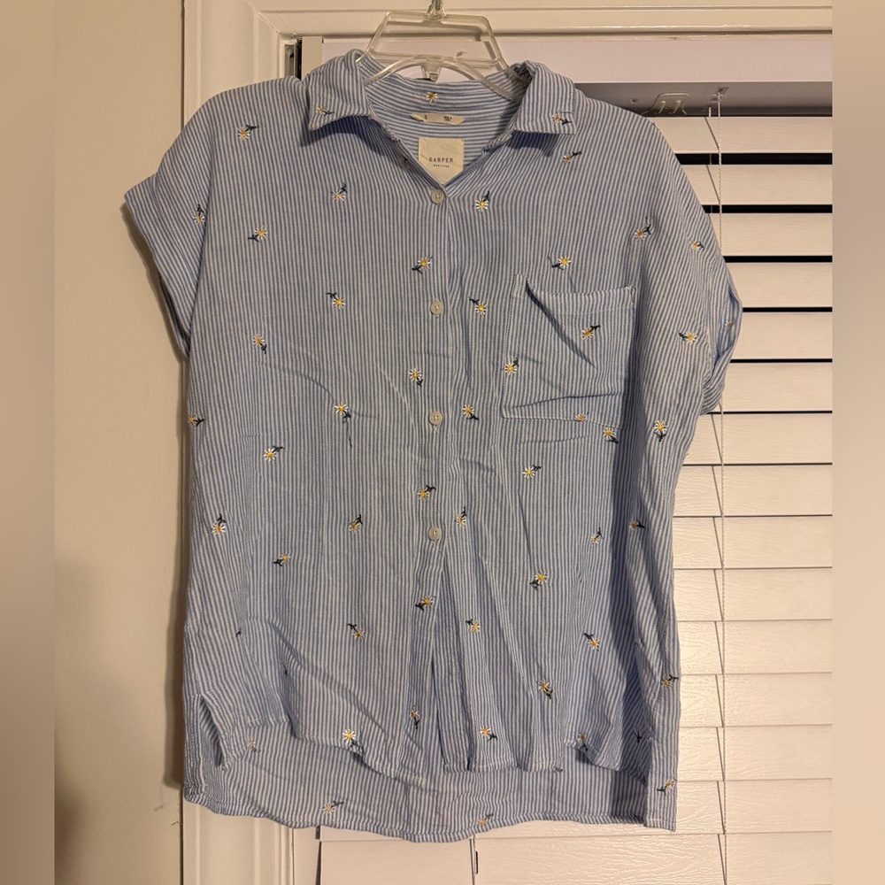 Harper Light Blue Striped Button-Down Shirt with Daisy Embroidery